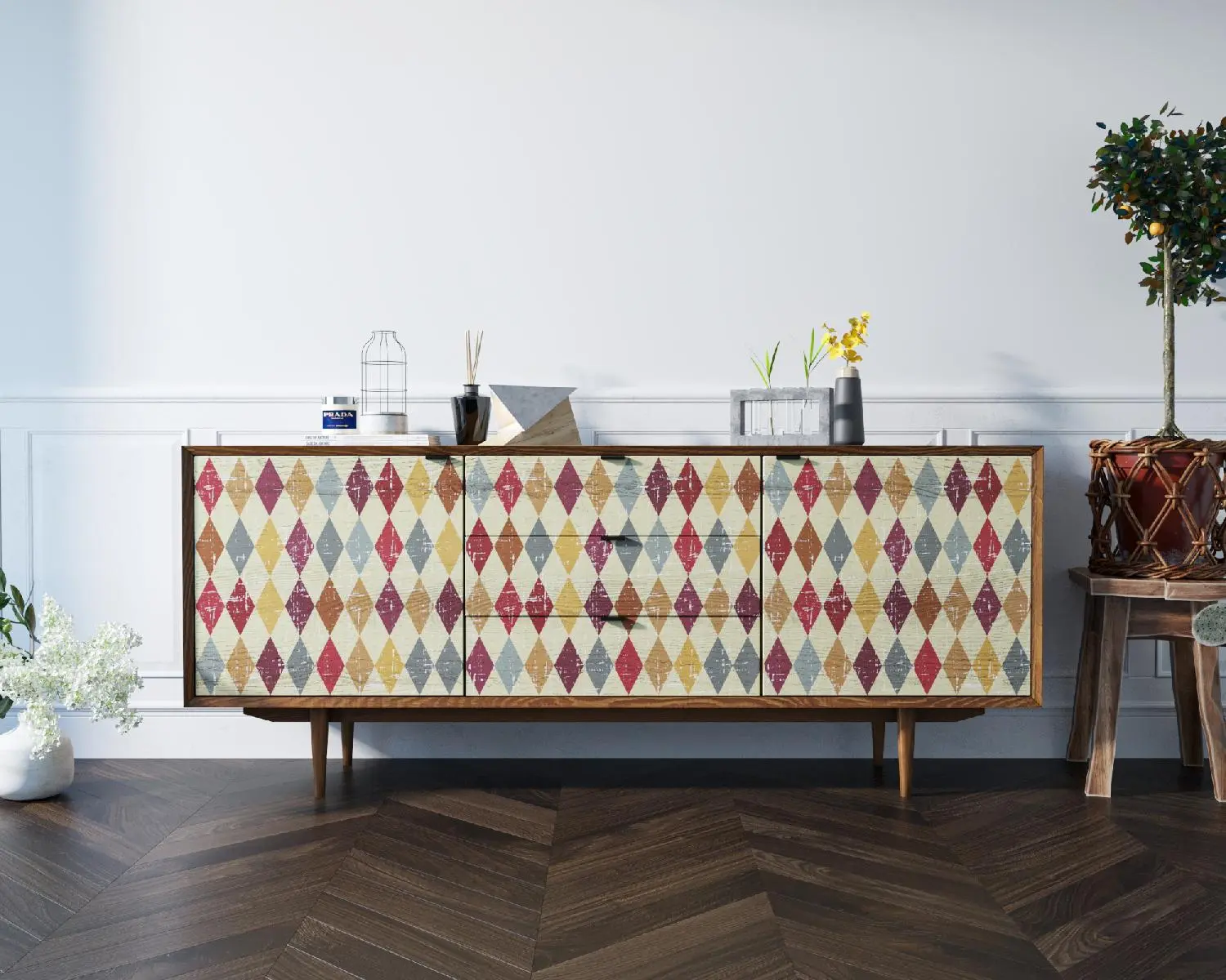 Комод массив "Bruni print" с тремя ящиками и дверками