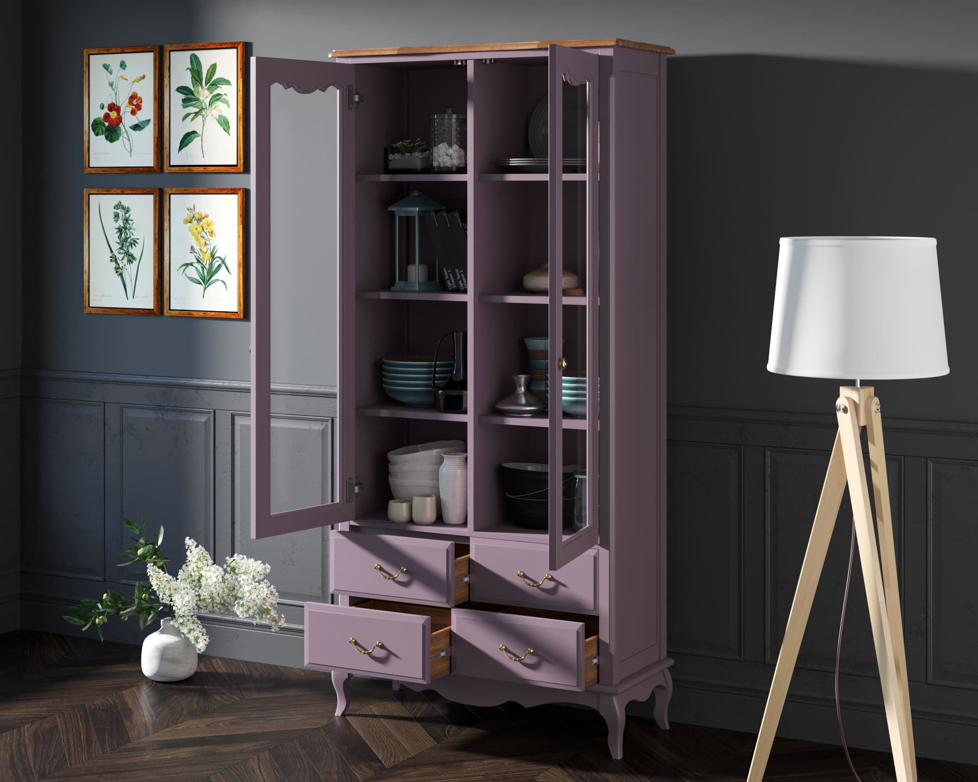 Шкаф Leontina Lavanda для посуды высокий 4 ящика арт ST9355/4L